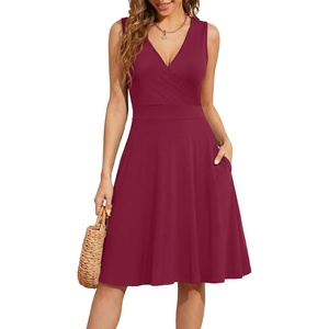 image:imageWEACZZY Womens Summer Sleeveless Casual Dresses VNeck Wrap Floral Holiday Tank Dress Flowy Beach Sundress with Pockets01 Wine Red