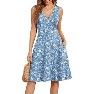 image:imageWEACZZY Womens Summer Sleeveless Casual Dresses VNeck Wrap Floral Holiday Tank Dress Flowy Beach Sundress with PocketsBlue Daisy