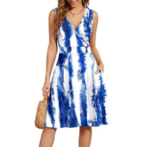 image:imageWEACZZY Womens Summer Sleeveless Casual Dresses VNeck Wrap Floral Holiday Tank Dress Flowy Beach Sundress with PocketsBlue Tie Dye