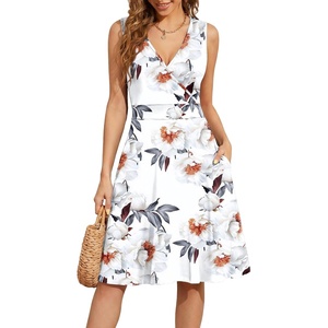 image:imageWEACZZY Womens Summer Sleeveless Casual Dresses VNeck Wrap Floral Holiday Tank Dress Flowy Beach Sundress with PocketsGray Leaved Peony