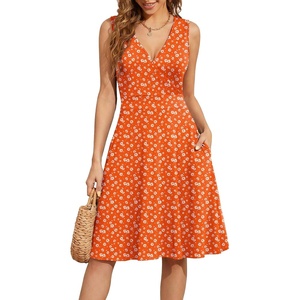 image:imageWEACZZY Womens Summer Sleeveless Casual Dresses VNeck Wrap Floral Holiday Tank Dress Flowy Beach Sundress with PocketsOrange Daisy