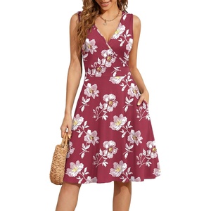 image:imageWEACZZY Womens Summer Sleeveless Casual Dresses VNeck Wrap Floral Holiday Tank Dress Flowy Beach Sundress with PocketsRed White Flower