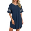 image:imageWEACZZY Womens Sleep Shirt Short Sleeve Nightgown Loose Fit Breathable  Crew Neck Soft Polyester Blend Sleepwear Solid Colors Floral Prints Pajama Dress Loungewear House Casual Daily WearNavy Blue