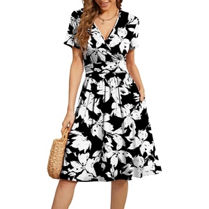 image:imageWEACZZY Womens Summer Short Sleeve Casual Dresses VNeck Floral Party Dress with PocketsYh 01 Sketch Black White