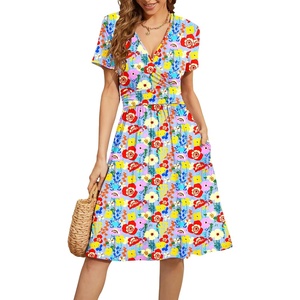 image:imageWEACZZY Womens Summer Short Sleeve Casual Dresses VNeck Floral Party Dress with PocketsYh Colorful Floral Blue