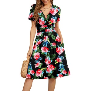 image:imageWEACZZY Womens Summer Short Sleeve Casual Dresses VNeck Floral Party Dress with PocketsYh Hibiscus Floral