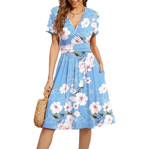 image:imageWEACZZY Womens Summer Short Sleeve Casual Dresses VNeck Floral Party Dress with PocketsYh Light Blue