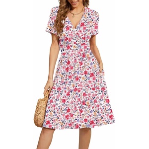 image:imageWEACZZY Womens Summer Short Sleeve Casual Dresses VNeck Floral Party Dress with PocketsYh Magenta