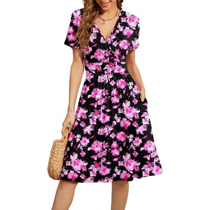 image:imageWEACZZY Womens Summer Short Sleeve Casual Dresses VNeck Floral Party Dress with PocketsYh Silhouette Black Pink