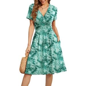 image:imageWEACZZY Womens Summer Short Sleeve Casual Dresses VNeck Floral Party Dress with PocketsYh Silhouette Green