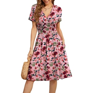 image:imageWEACZZY Womens Summer Short Sleeve Casual Dresses VNeck Floral Party Dress with PocketsYh Tulip Floral Pink