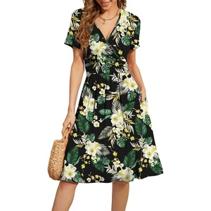 image:imageWEACZZY Womens Summer Short Sleeve Casual Dresses VNeck Floral Party Dress with PocketsYh Yellow Green Leaf